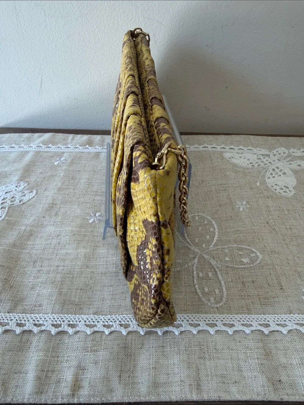 Antonio Melani Yellow/Brown Snakeskin Embossed Pleated Clutch/Shoulder Bag